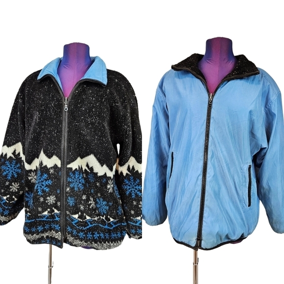 Vintage Mulberry Street Black Mountain Snowflake Reversible Fleece‎ Jacket - Picture 1 of 11